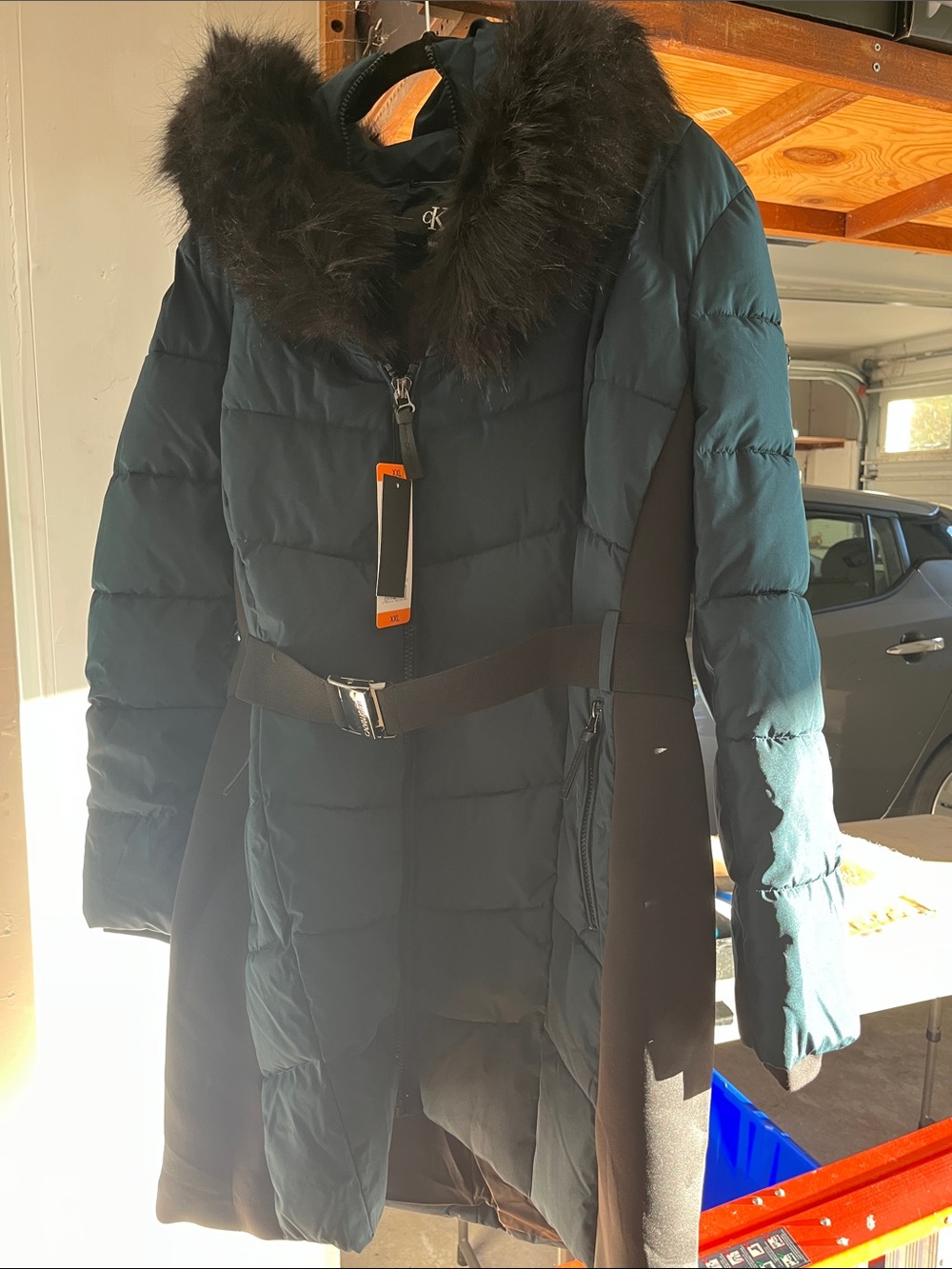 Calvin Klein Dark Teal Quilted Puffer Coat with Faux Fur Trim - Picture 2 of 3